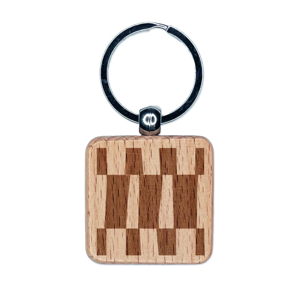 Funky Block Pattern Background Engraved Wood Square Keychain Tag Charm