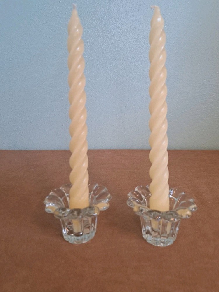 Flower Shaped Crystal Candle Holders Glass Pair