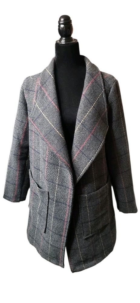 HYFVE Women's Collared Longline Open Front Plaid Tweed Classy Coat Medium