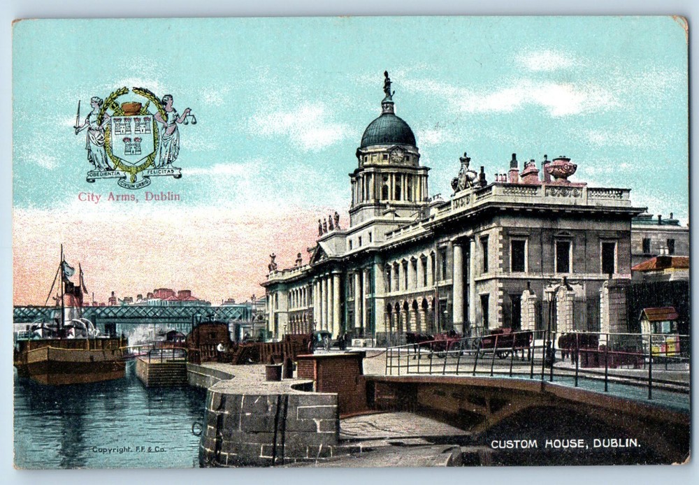 Dublin Ireland Postcard Custom House Bridge View c1910 Antique Unposted