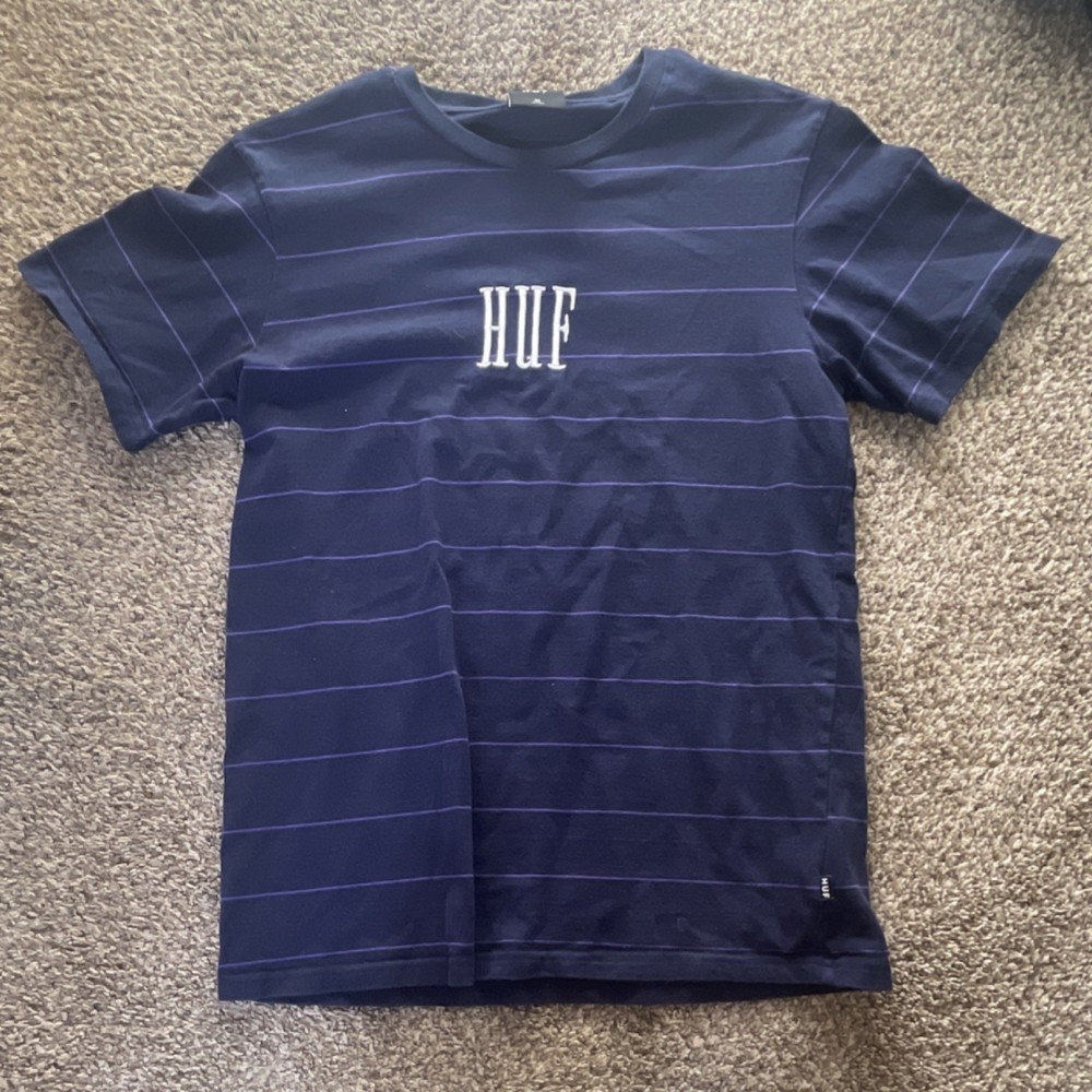 HUF Men's Navy Blue Striped Logo Crew Neck Short Sleeve T-Shirt Size M