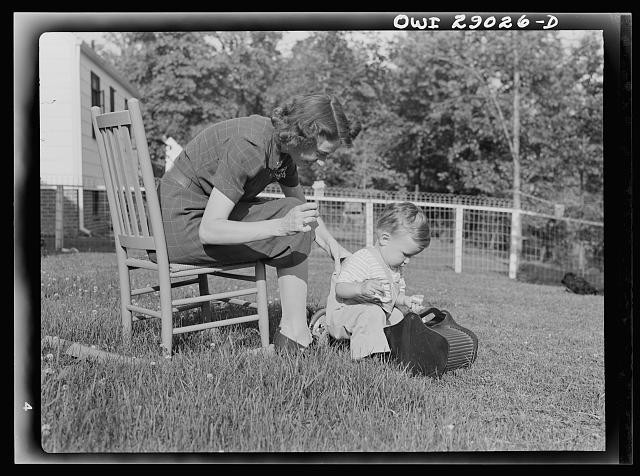 Silver Spring Maryland Mother Sewing Button Child Overalls 1943 Outdoors