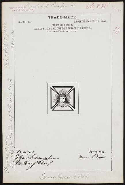[ Herman Bauer for [Head Logo] brand Remedy for the Cure of Whooping Cough]