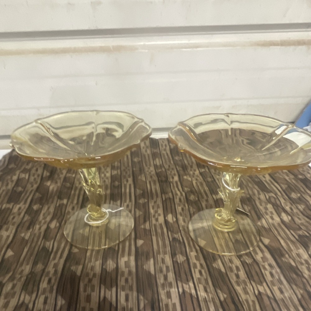 1930’s Fostoria Baroque Amber Candy Dish Glass  Swirl Stems, Set of 2