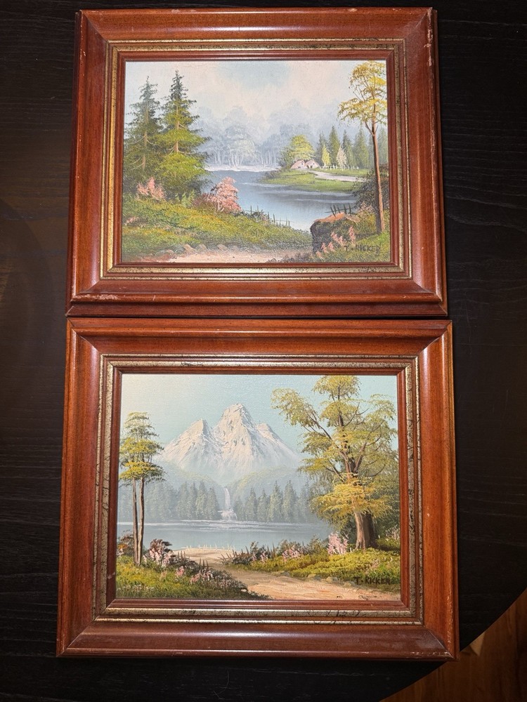 Vintage Oil Painting Two Mountains Landscape Water Signed Artistic Interiors COA