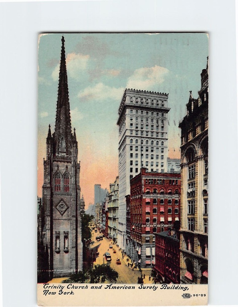 Postcard Trinity Church and American Surety Building New York USA