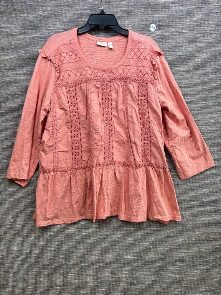 LOGO Lavish Lori Goldstein Coral Eyelet Lace Peplum Top 3/4 Sleeve Size 2X NEW