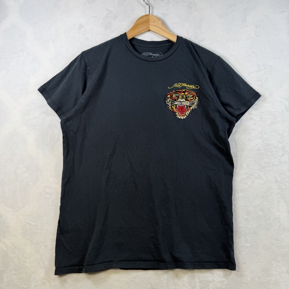 Vintage Ed Hardy Shirt Mens XL Black Tiger Spellout Cotton Script USA Made Y2K
