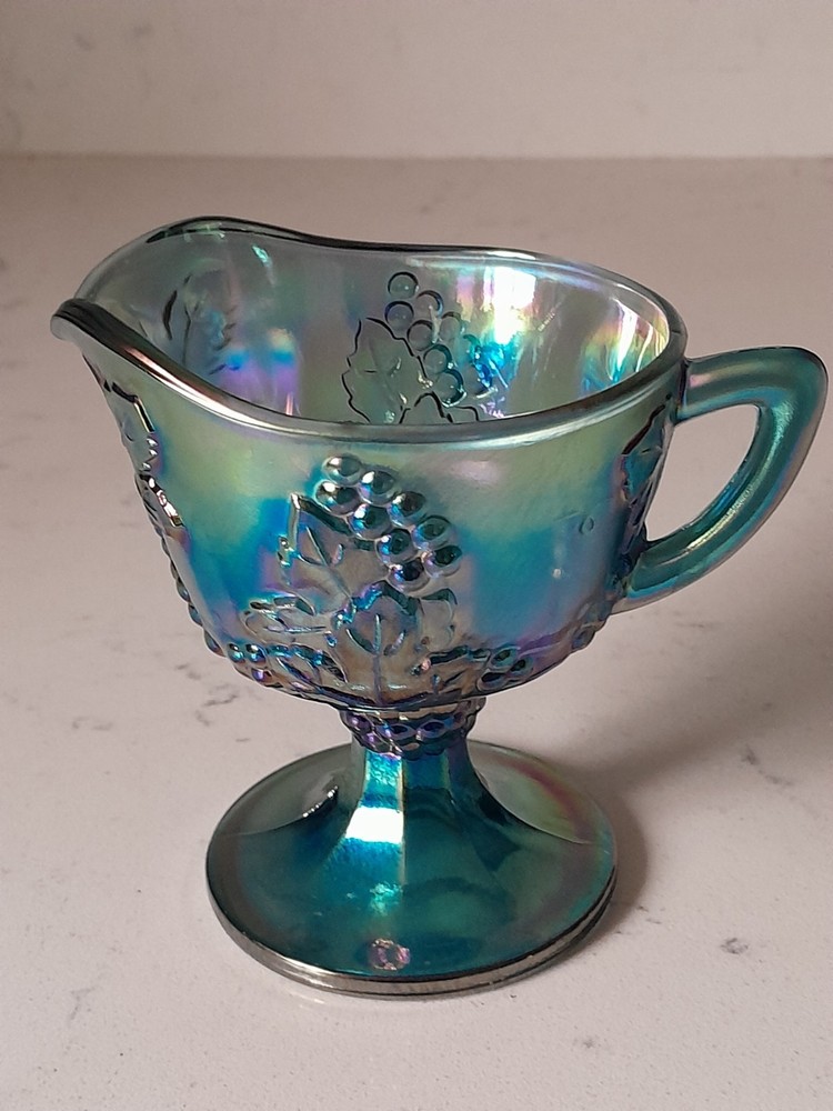 VTG Indiana Glass Iridescent Blue Carnival Glass Grape Harvest Pedestal Creamer