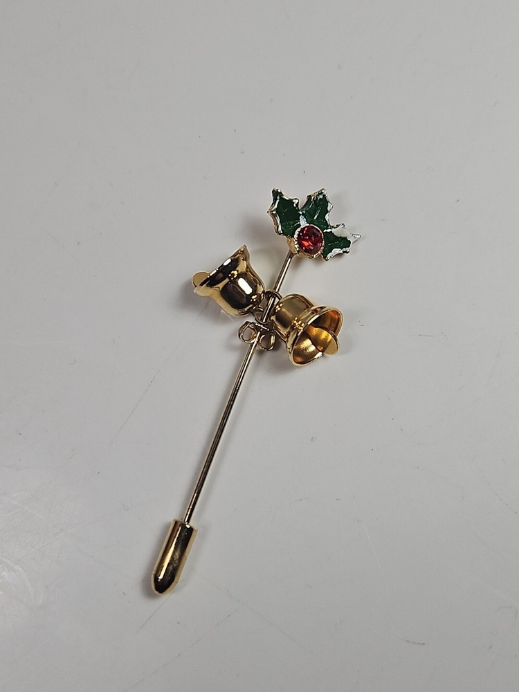 VINTAGE RED RHINESTONE HOLLY JINGLE BELLS STICK LAPEL Hat Hair Pin Christmas GUC