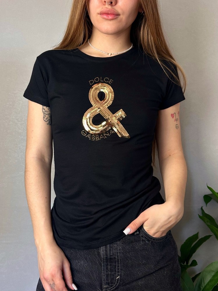 Dolce Gabbana Vintage Y2K  Big Glitter Logo Black T-Shirt Women