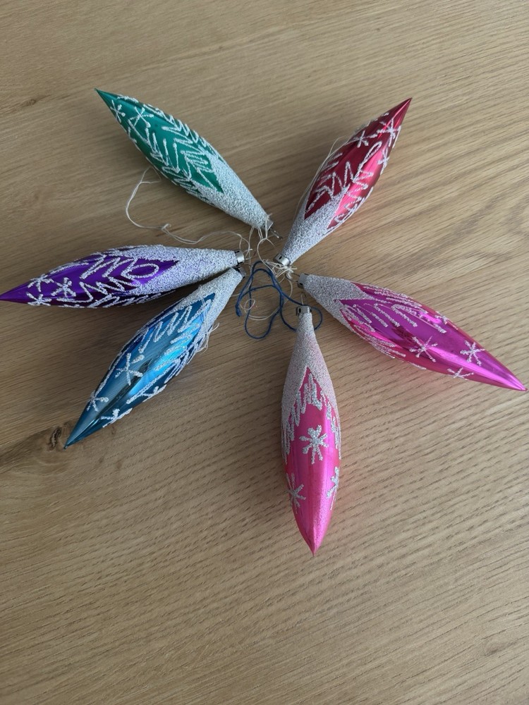 6 Teardrop Czech Mica Glass Christmas Ornaments