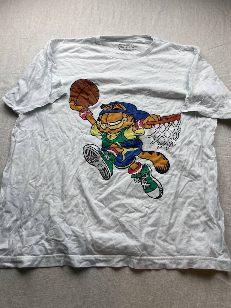 Garfield T-Shirt Y2K Unisex Basketball T-Shirt Size 2XL White Short Sleeve