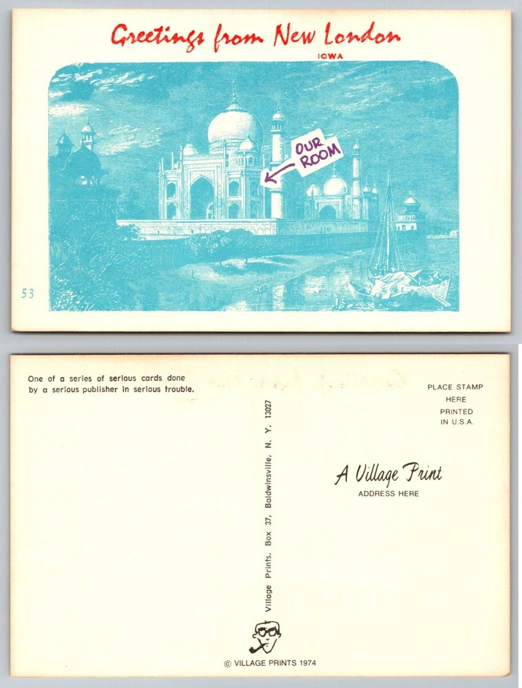 Greetings from New London Iowa Taj Mahal OUR ROOM Humor Postcard 1974