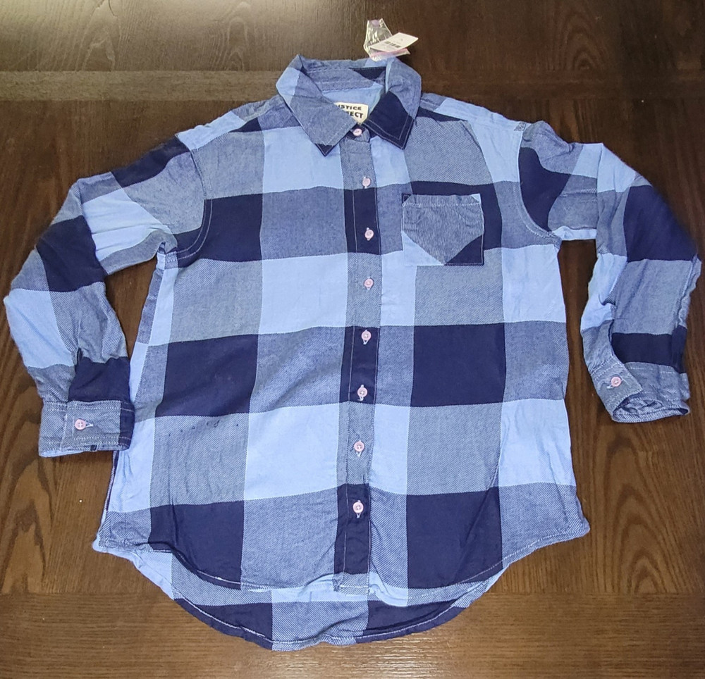 Justice Blue Plaid Girls Size 12 Collared Long Sleeve Button-Up Shirt