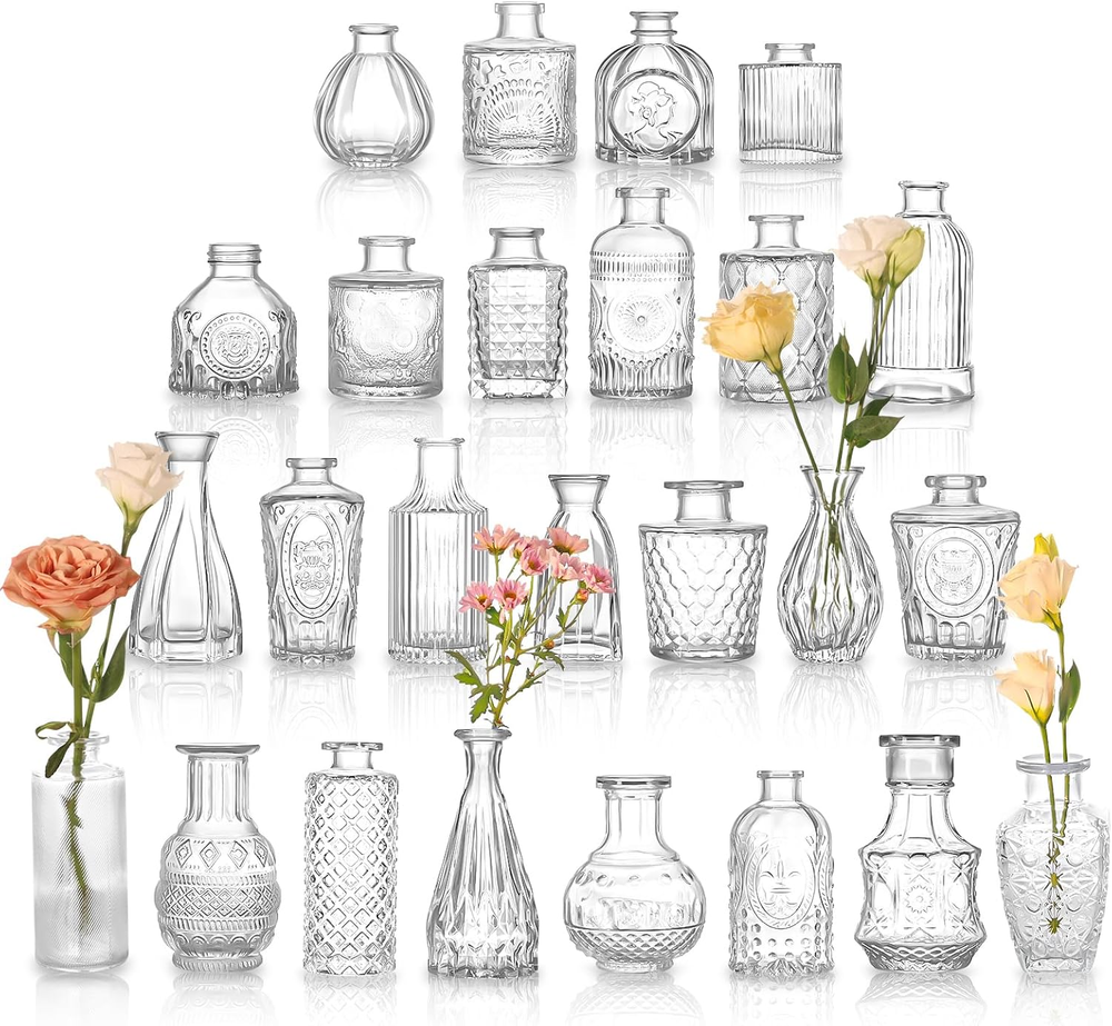 Glass Bud Vases Set of 25, 25 Sizes of Small Flower Vase for Party or Home Table