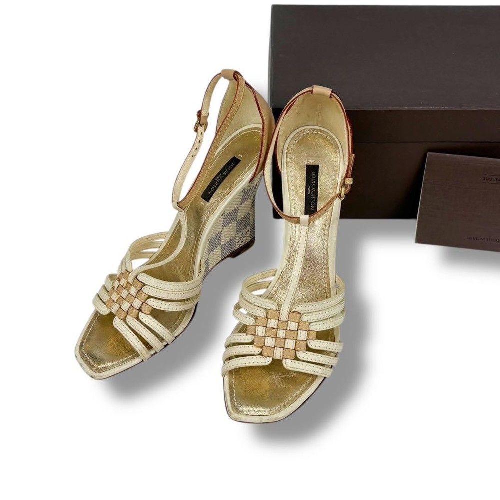 Rare LOUIS VUITTON Damier Azur Wedge Sandals Size 6.5 US Women's White