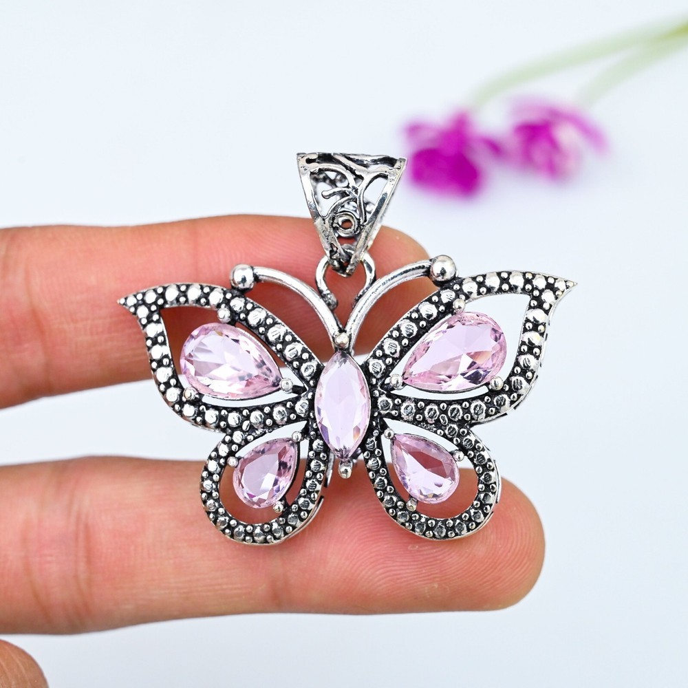Pink Kunzite Gemstone 925 Sterling Silver Handmade Butterfly Pendant Jewelry