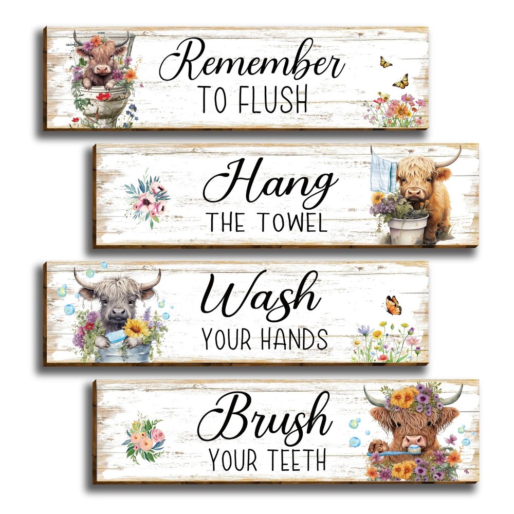 4 Pieces Highland Cow Bathroom Wall Decor Rustic Highland Cow Wooden Farmhous...