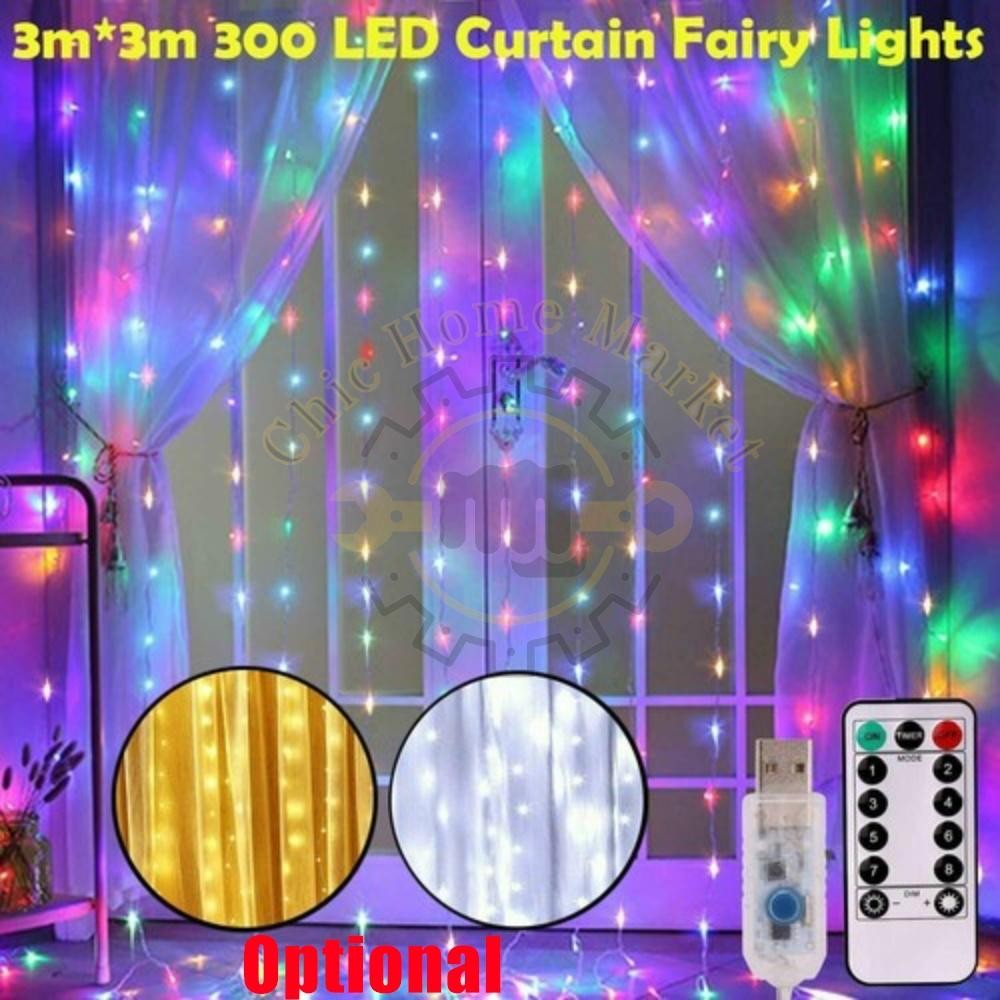 300 LED Curtain Fairy Lights USB String Light With Remote Xmas Party Wedding US