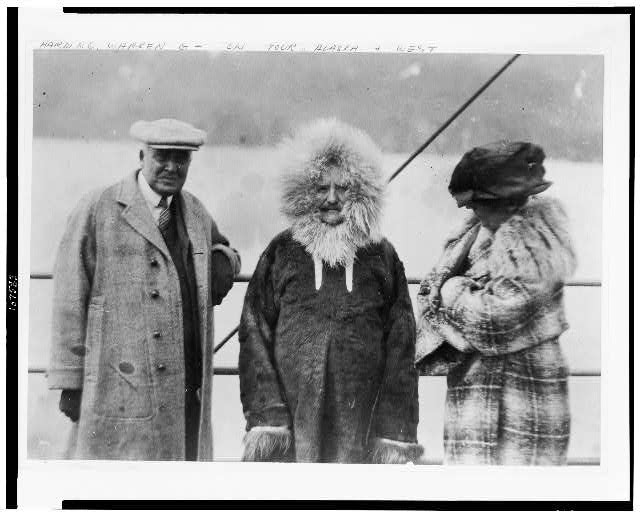 President Warren G Harding examines,latest Alaskan fashion,Florence,Seward,1923