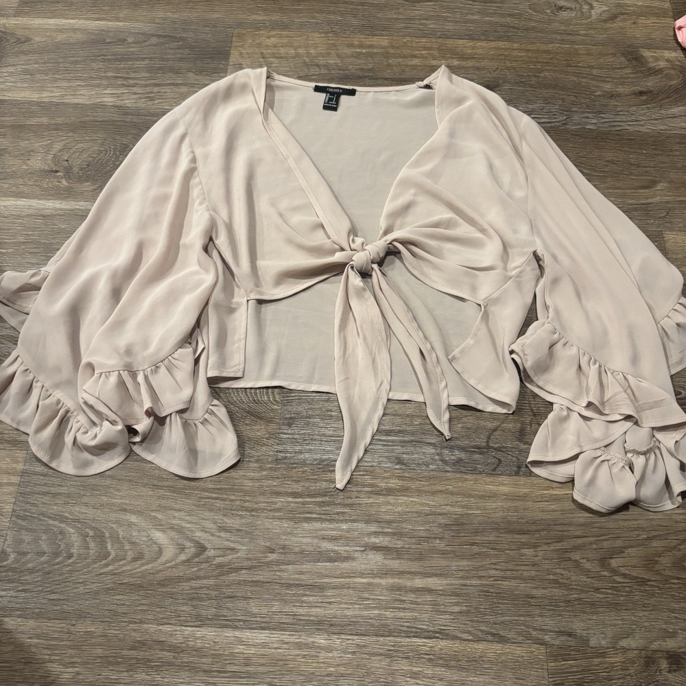 Forever 21 Beige Tie Front Crop Top Ruffle Flounce Sleeve Romantic Boho Womens S