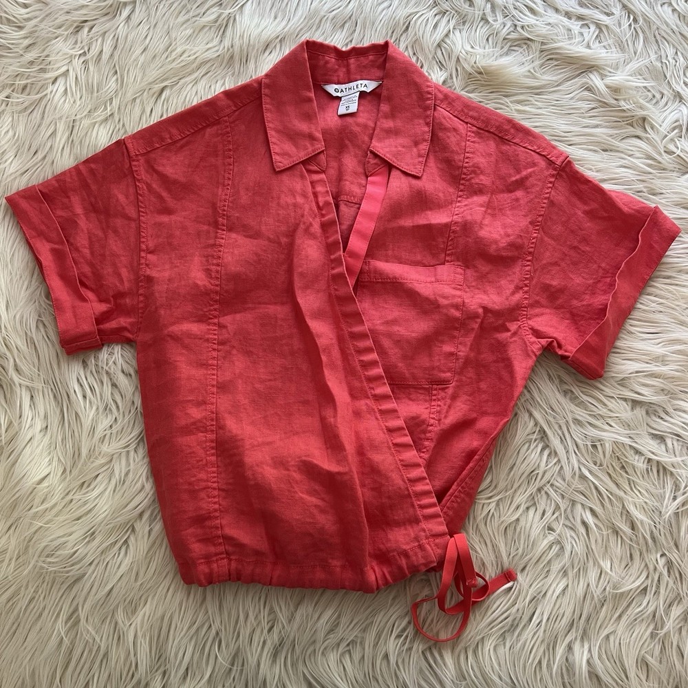 Athleta Linen Playa Tie Top Short Sleeve Shirt Drawstring Wrap Women’s Size XS