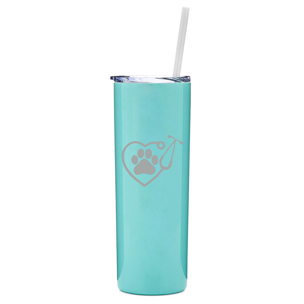20 oz Skinny Tumbler Travel Mug w Straw Heart Stethoscope Vet Tech Veterinarian