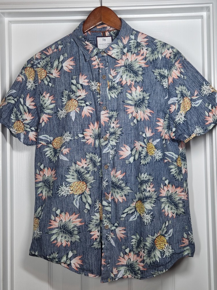 Denim & Flower Ricky Singh Mens L Blue Shirt Slim Fit Pineapple Hawaiian SS