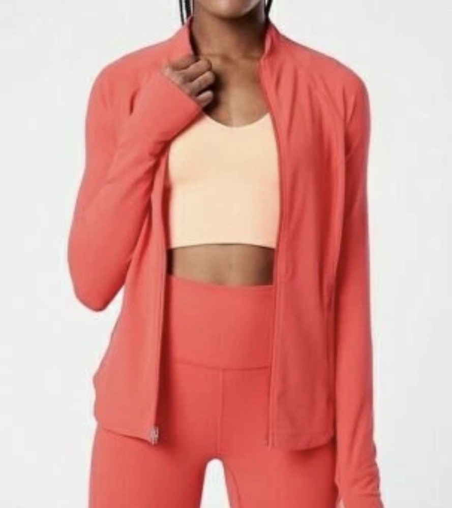 Athleta Womens S Salutation Jacket Full Zip Coral Orange Jacket Thumb Holes