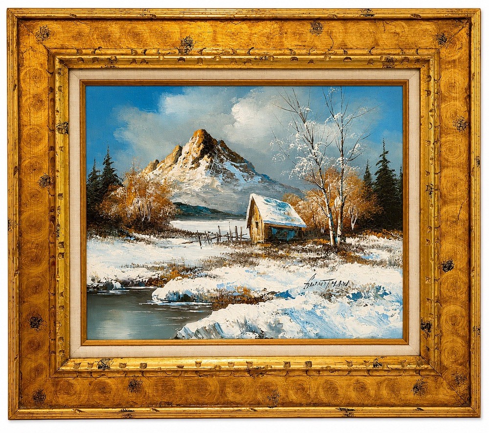 Vintage Original Oil Painting Signed Mountain Cabin Landscape in Rustic 25x29