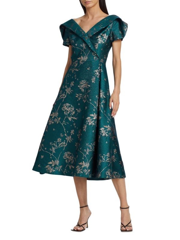 Rickie Freeman Teri Jon Dress Womens 14 Green Floral Jacquard Midi
