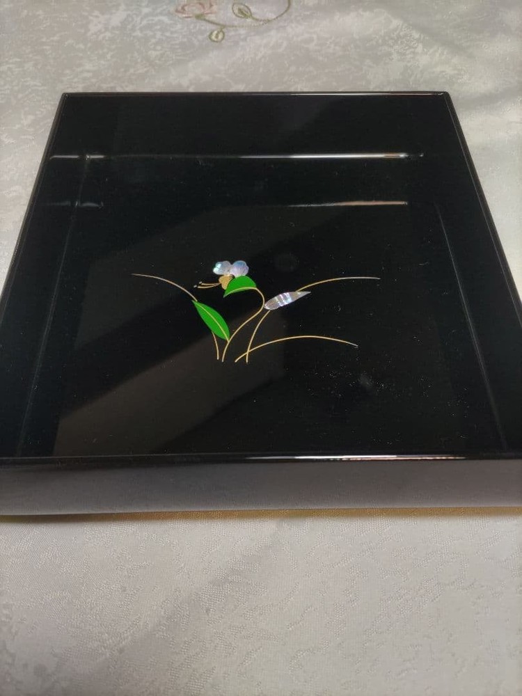 Takaoka Lacquerware Black Flower Design Tray 25cm Decorative Gift
