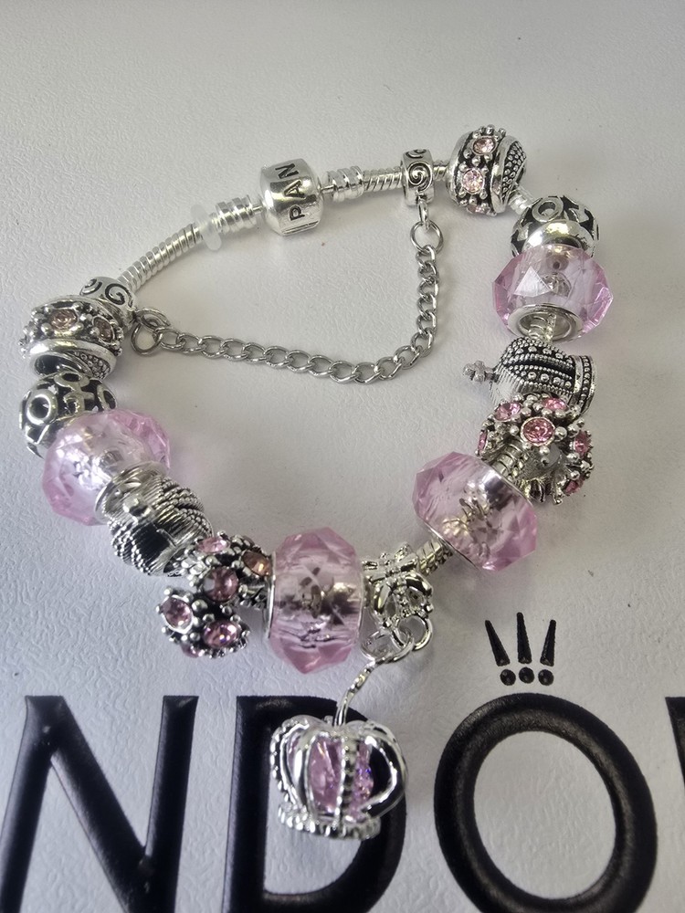 SILVER BRACELET WITH CRYSTAL CROWN AND LOVE EUROPEAN CHARMS,7.5