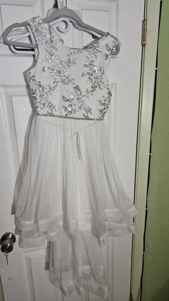 Speechless Girls White/Silver Sequin Floral Tulle V-Neck Hi-Low Dress 14