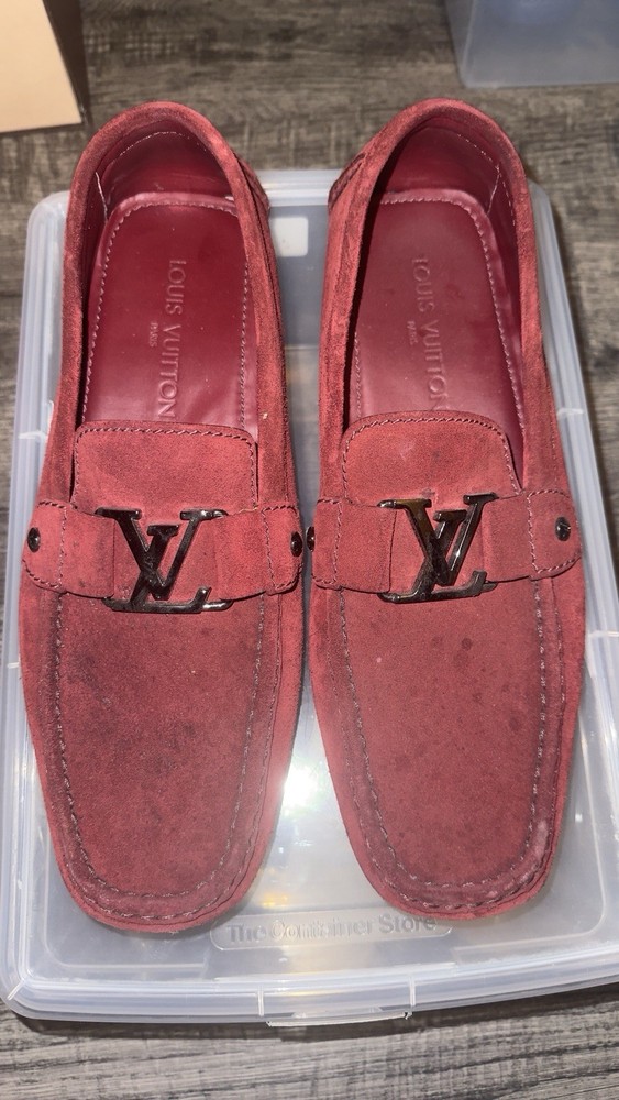 Louis Vuitton Men's Red Suede Slip-On Loafers LV Logo Round Toe Sz 10