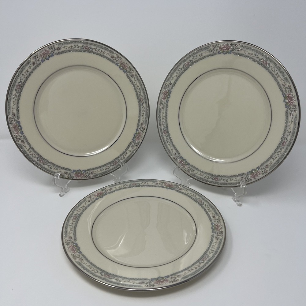 Set of 3 Lenox China Charleston Platinum Trim Salad Plates Floral Rim 8.25
