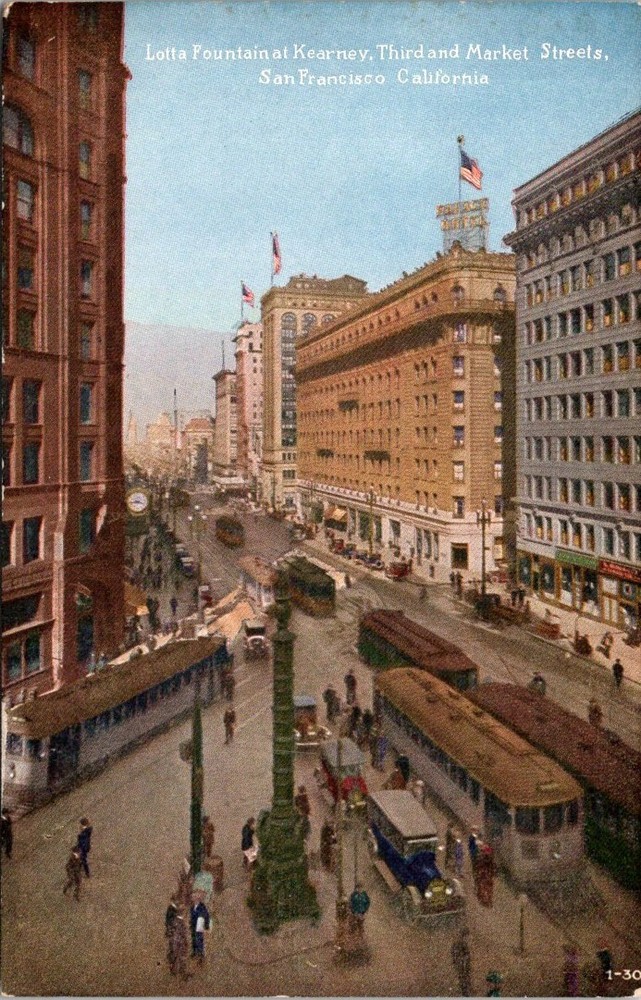 c1910 Street View of Lotta Fountain San Francisco California Vintage Postcard
