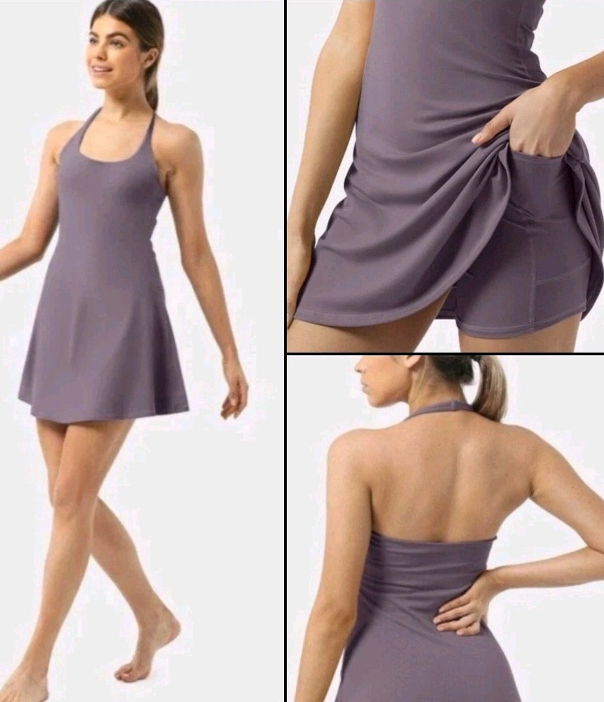 NWT! Halara Active Halter Backless Mauve Built-in Shorts Athletic Mini Dress! M