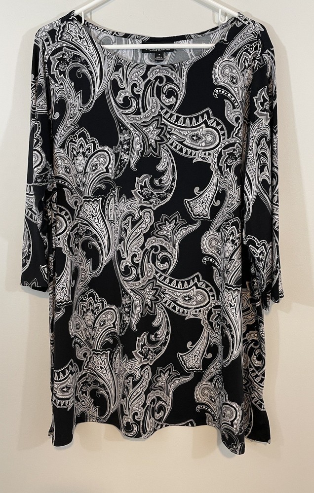 Anywear by Catherines tuinc Top Womens 1X Black Floral Paisley 3/4 Sleeve slinky