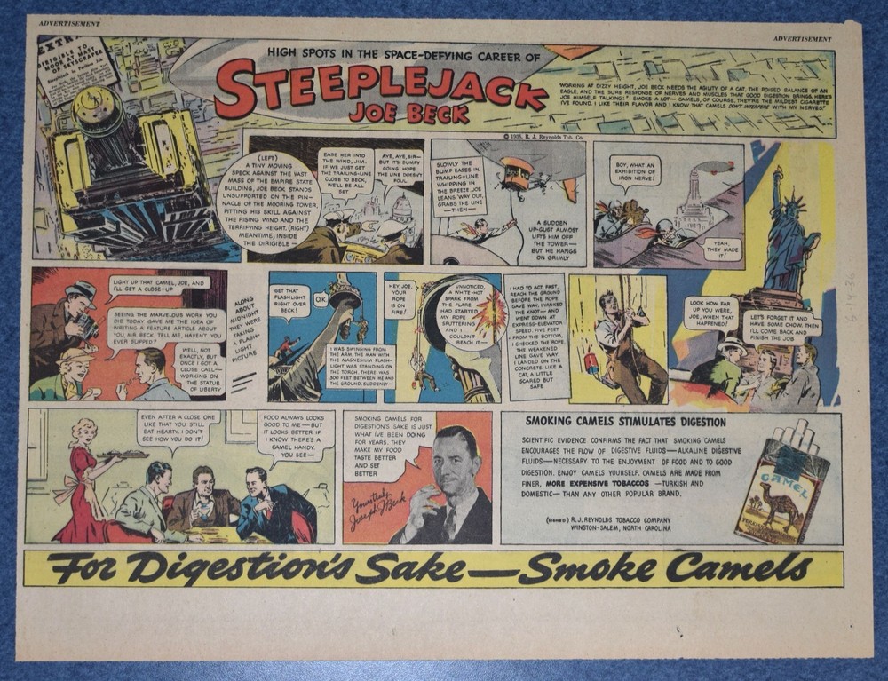 1936 - Camels Newspaper comic ad - Steeplejack JOE BECK