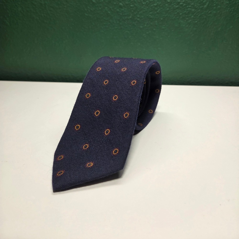 Polo Ralph Lauren Navy Blue Wool Silk Medallion Print Tie Made in USA
