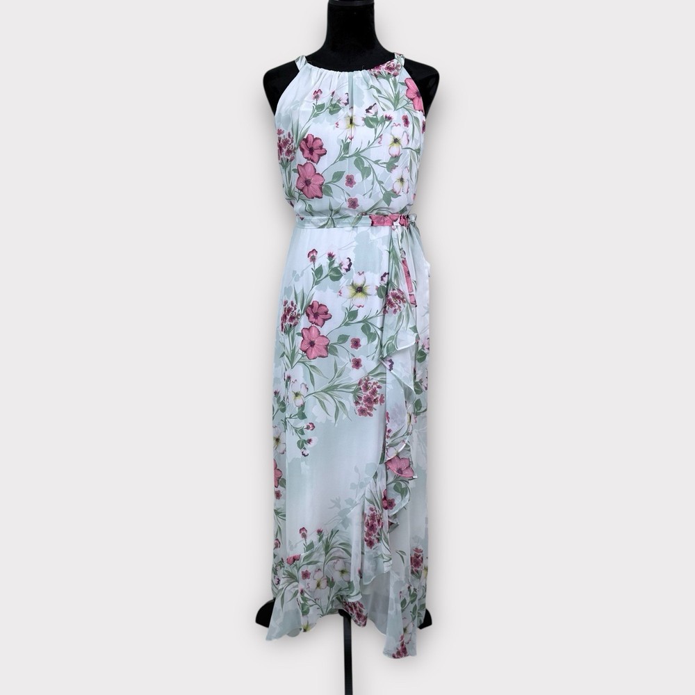 R&K Floral Maxi Dress Size 6 White Belted Flowy Romantic Ethereal Event Occasion