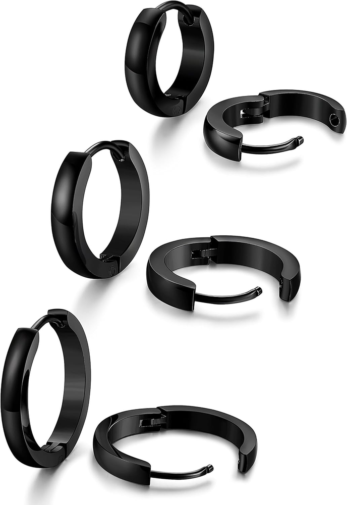 3Pairs Stainless Steel Hoop Earrings for Men & Women Hypoallergenic Huggie Piercings