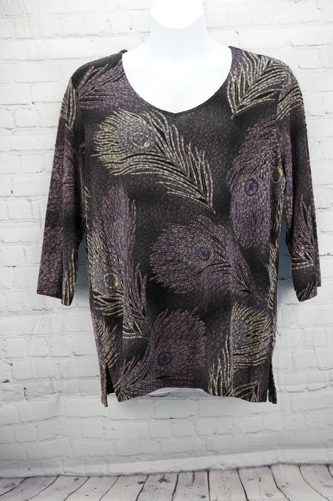 JM Collection Women’s Plus Size 2X Peacock-Print 3/4 Sleeve Blouse Black/Purple/