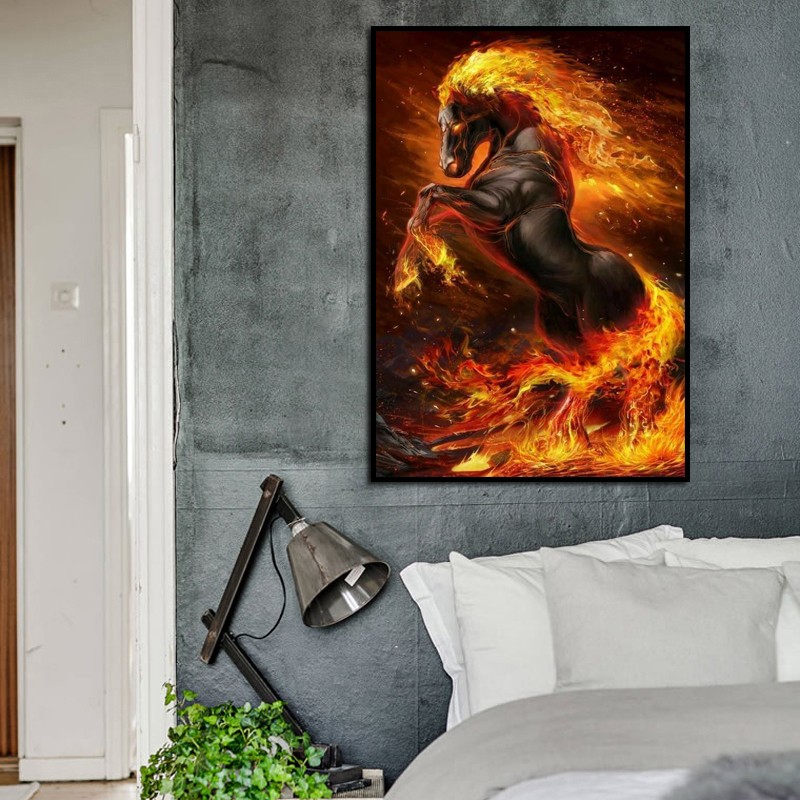 Canvas Painting Wall Art Horse with Fire Prints Pictures Abstract Animal Posters-image
