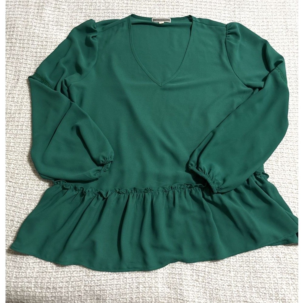 Pleione Emerald Green Peplum Blouse M Long Sleeve V-Neck Workwear Dressy Top