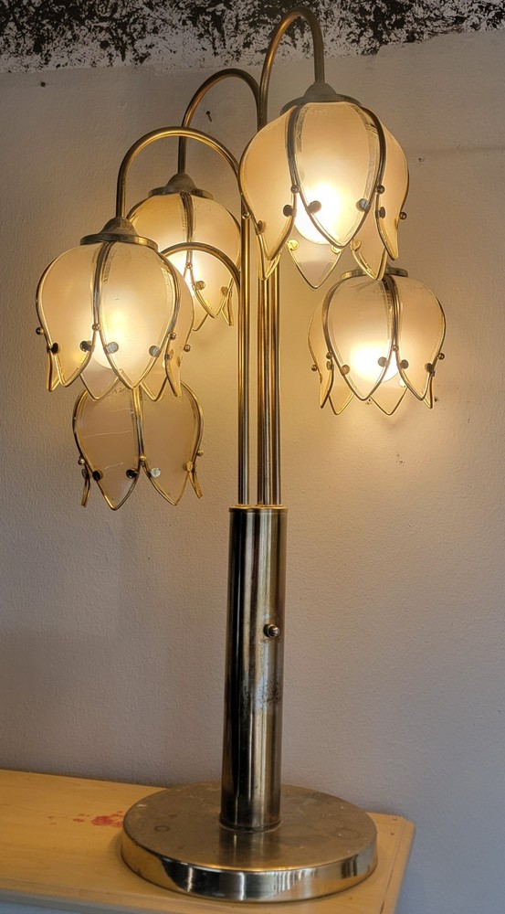 Vintage Art Deco Hollywood Regency Pink Tulip Waterfall Table Lamp Brass