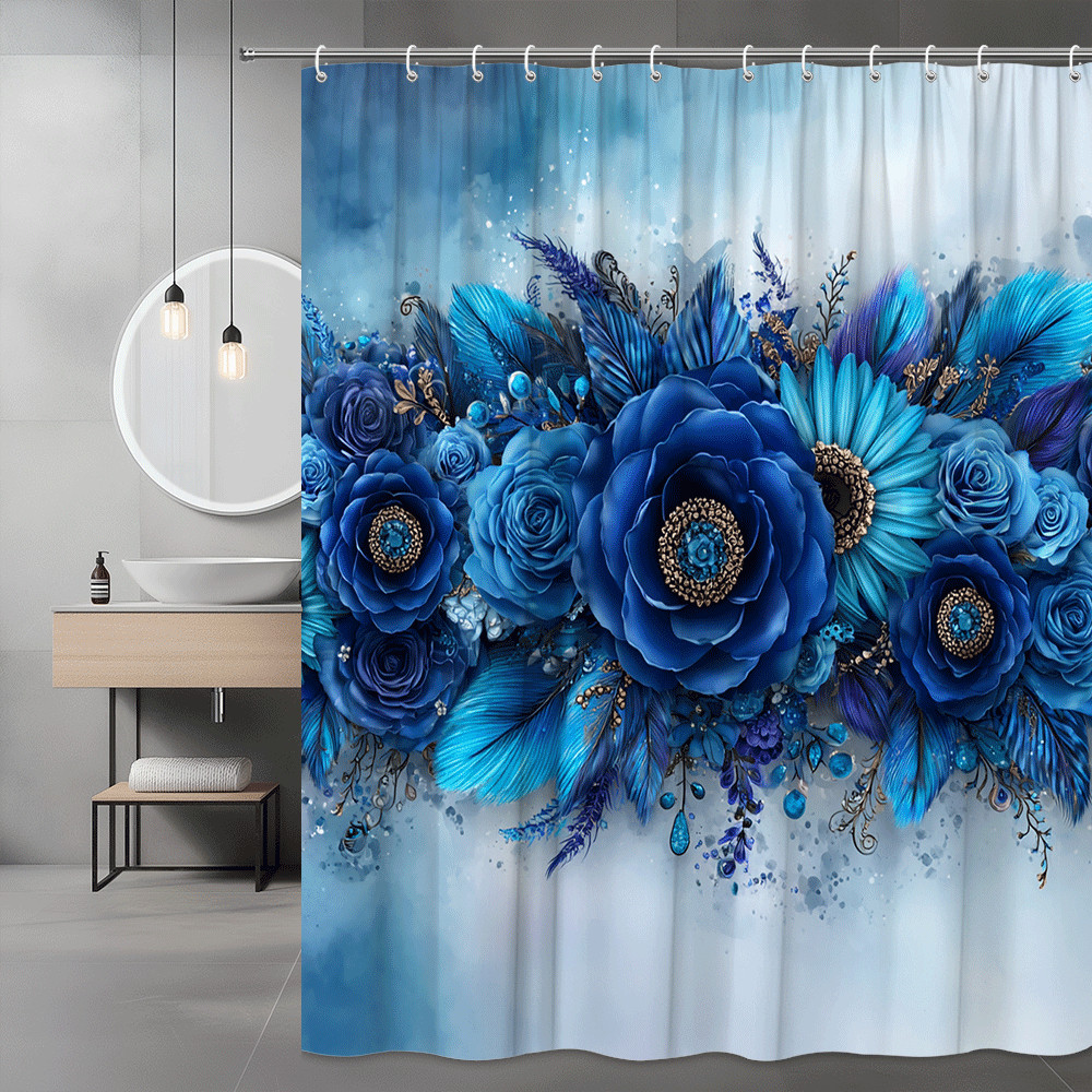 Blue Floral Feather Shower Curtain, Abstract Flower Print