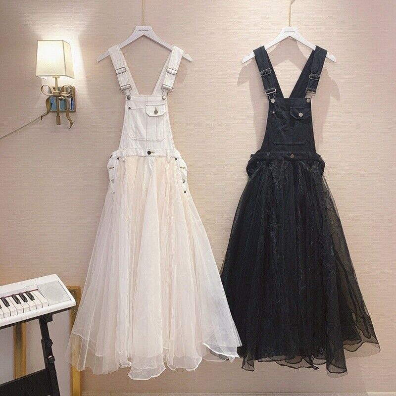 Women Long Denim Overall Dress Pleated Mesh Tutu Spliced Jumper Skirt Fashion
